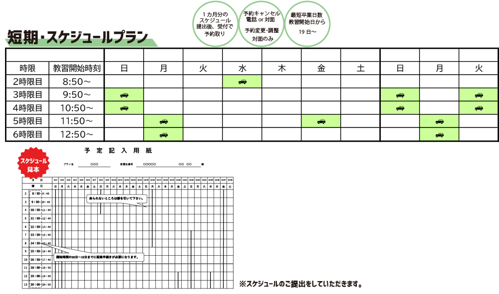 一か月分のスケジュール提出後、受付で予約取り。予約キャンセルは電話or対面