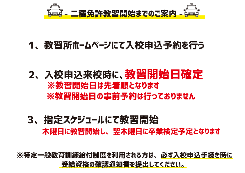 入校申込来校時に教習開始日が確定します。事前予約は行っておりません。特定一般教育訓練給付制度を利用される方は、必ず入校申込手続き時に受給資格の決定通知書を提出してください。