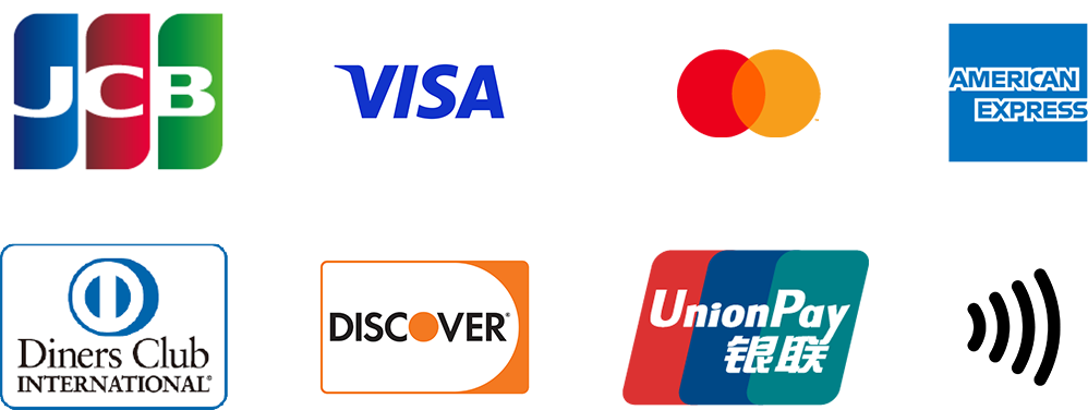 JCB、VISA、マスターカード、アメリカンエクスプレス、ダイナーズクラブカード、ディスカバー、銀聯、タッチ決済